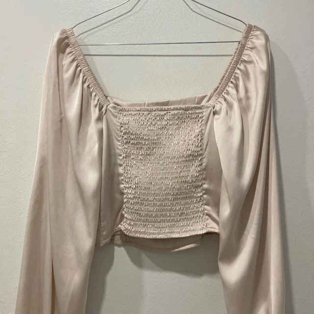 Image for Haut Froncée Manches Longues Satiné Ivoire Dynamite Ivory Cream Ruched Satin Long Sleeve Blouse Top