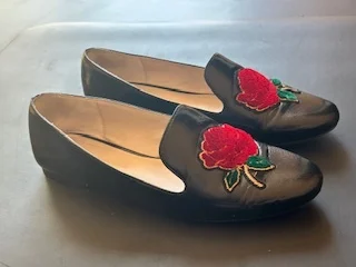 Image for Zara Black Loafers with Red Rose Embroidery Size 8