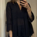 Thumbnail for Blouse marine fluide à rayures brillantes manches évasées