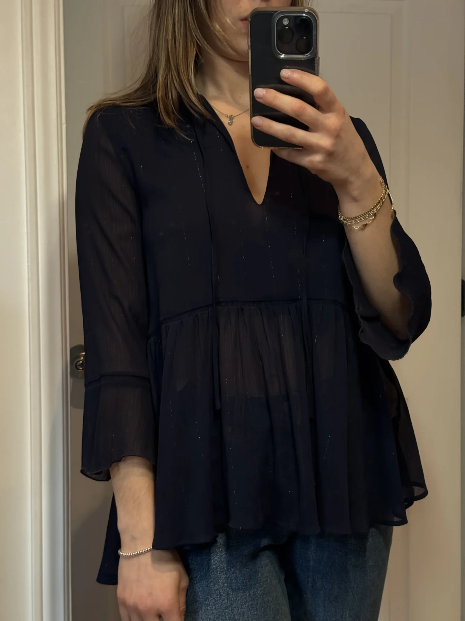 Image for Blouse marine fluide à rayures brillantes manches évasées