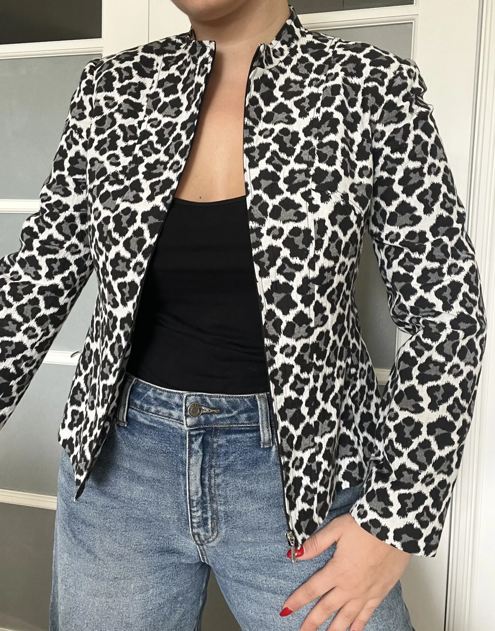 Featured image for Vintage black and white denim leopard jacket