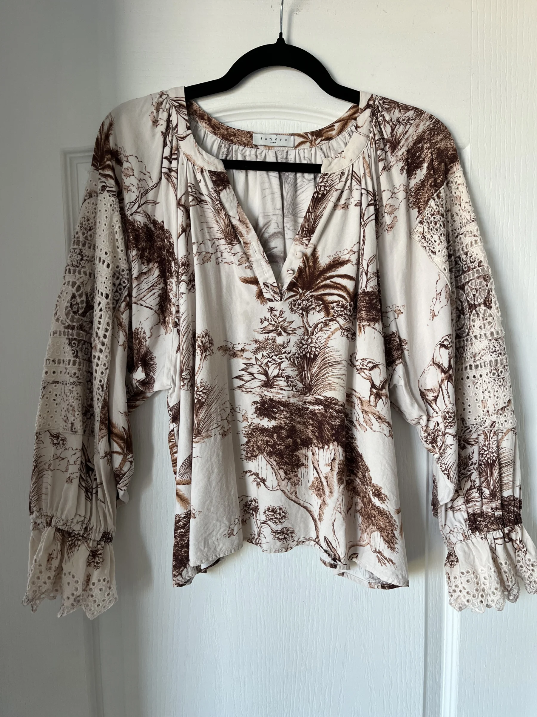 Blouse Sandro à motifs et dentelle marron et blanc taille 2 Sandro seconde main