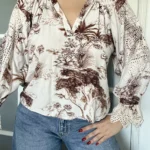 Thumbnail for Sandro brown and white lace and pattern blouse size 2
