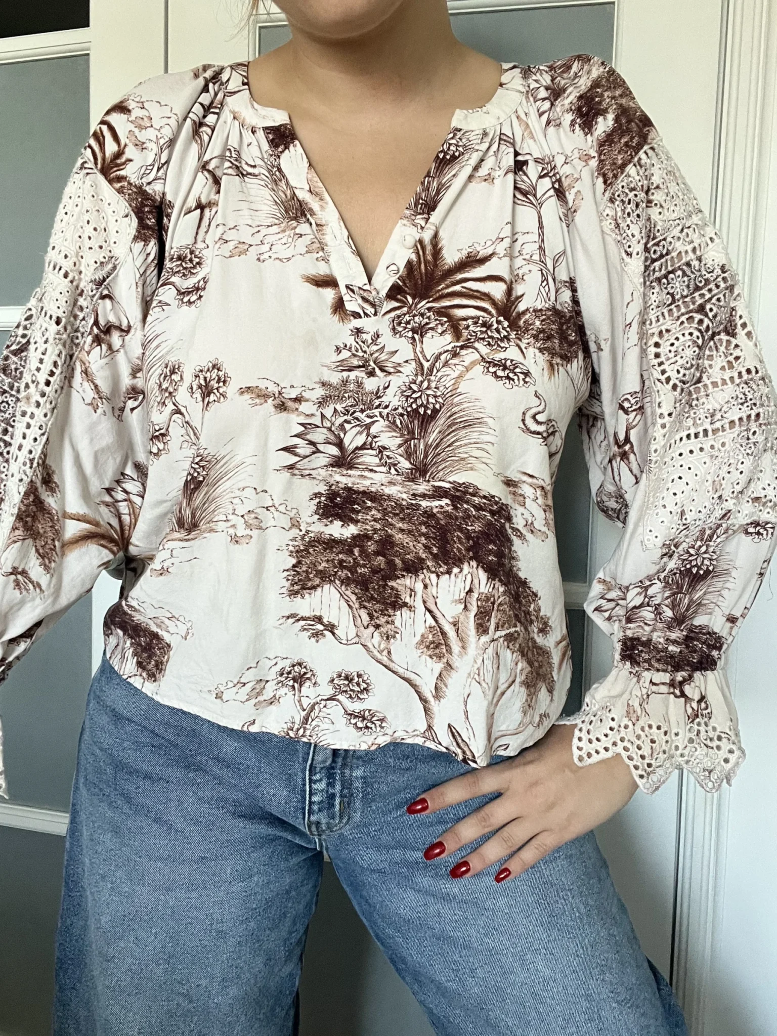 Image for Sandro brown and white lace and pattern blouse size 2