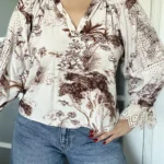 Thumbnail for Sandro brown and white lace and pattern blouse size 2