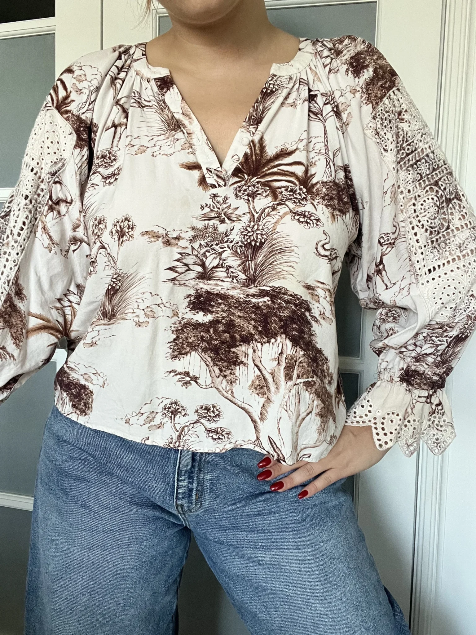 Image for Sandro brown and white lace and pattern blouse size 2