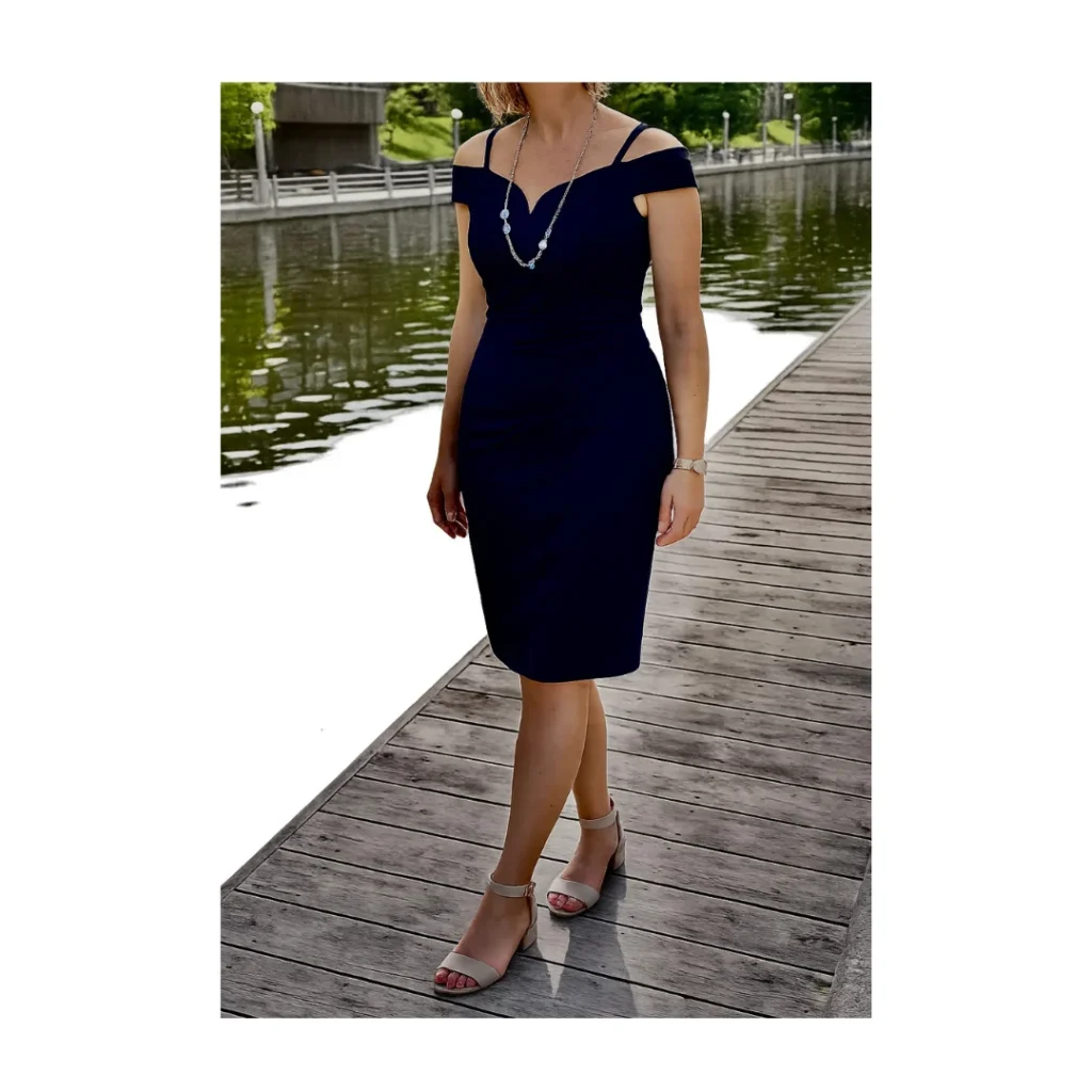 Featured image for Le Château navy blue cocktail dress with bare shoulders, size M, elegant wedding dress