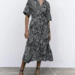 Featured thumbnail for Zara black patterned maxi dress size M in cotton with wide sleeves