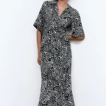Thumbnail for Zara black patterned maxi dress size M in cotton with wide sleeves