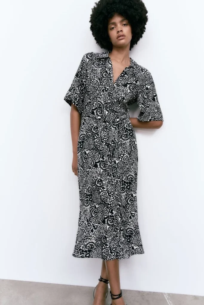 Image for Zara black patterned maxi dress size M in cotton with wide sleeves