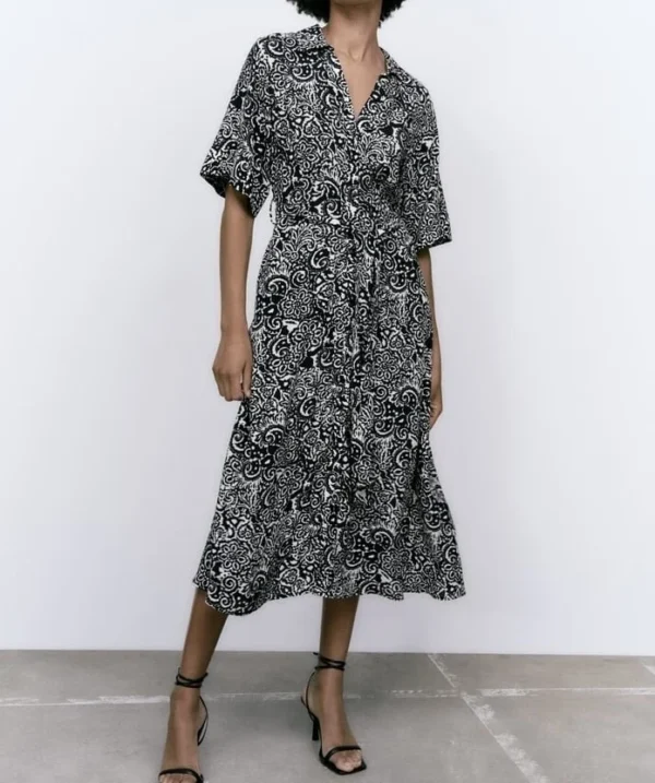 Image for Zara black patterned maxi dress size M in cotton with wide sleeves