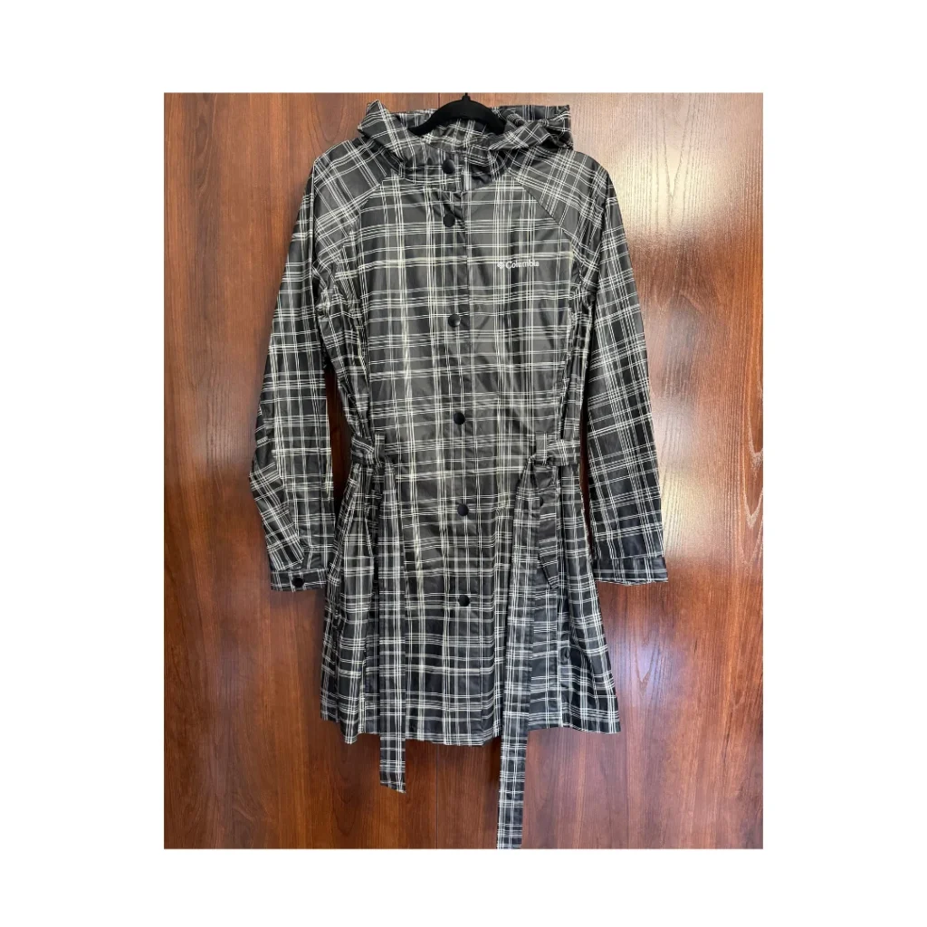 Image for Manteau imperméable Columbia noir et blanc à carreaux  – style trench ceinturé femme M