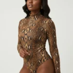 Thumbnail for Bodysuit serpent imprimé long body à manches longues - Brown