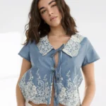 Thumbnail for Denim boho drawstring blouse