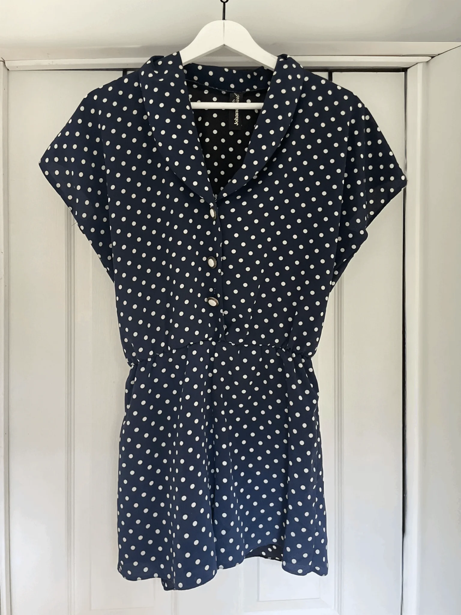 Featured image for Vintage navy blue short jumpsuit with white polka dots