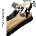 Featured thumbnail for Sandales espadrilles à plateforme Tory Burch noires, blanches et beiges, fermeture velcro, pointure 10
