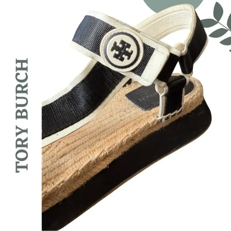 Featured image for Sandales espadrilles à plateforme Tory Burch noires, blanches et beiges, fermeture velcro, pointure 10