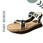 Thumbnail for Sandales espadrilles à plateforme Tory Burch noires, blanches et beiges, fermeture velcro, pointure 10