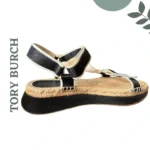 Thumbnail for Sandales espadrilles à plateforme Tory Burch noires, blanches et beiges, fermeture velcro, pointure 10