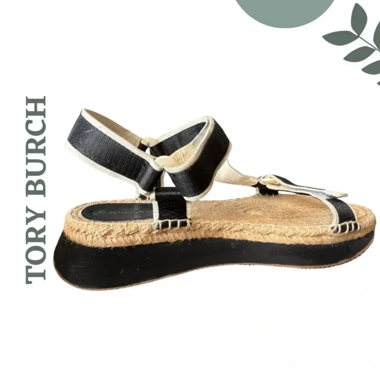Image for Sandales espadrilles à plateforme Tory Burch noires, blanches et beiges, fermeture velcro, pointure 10