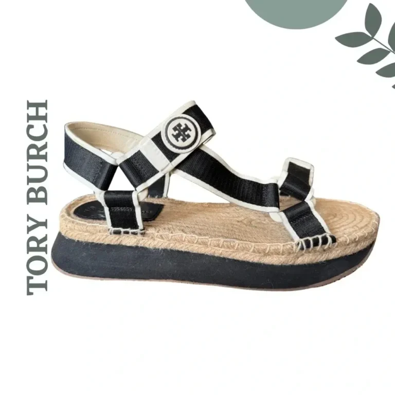 Image for Sandales espadrilles à plateforme Tory Burch noires, blanches et beiges, fermeture velcro, pointure 10