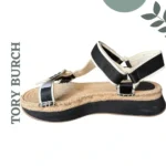 Thumbnail for Sandales espadrilles à plateforme Tory Burch noires, blanches et beiges, fermeture velcro, pointure 10