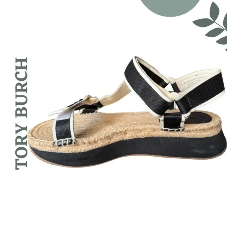 Image for Sandales espadrilles à plateforme Tory Burch noires, blanches et beiges, fermeture velcro, pointure 10