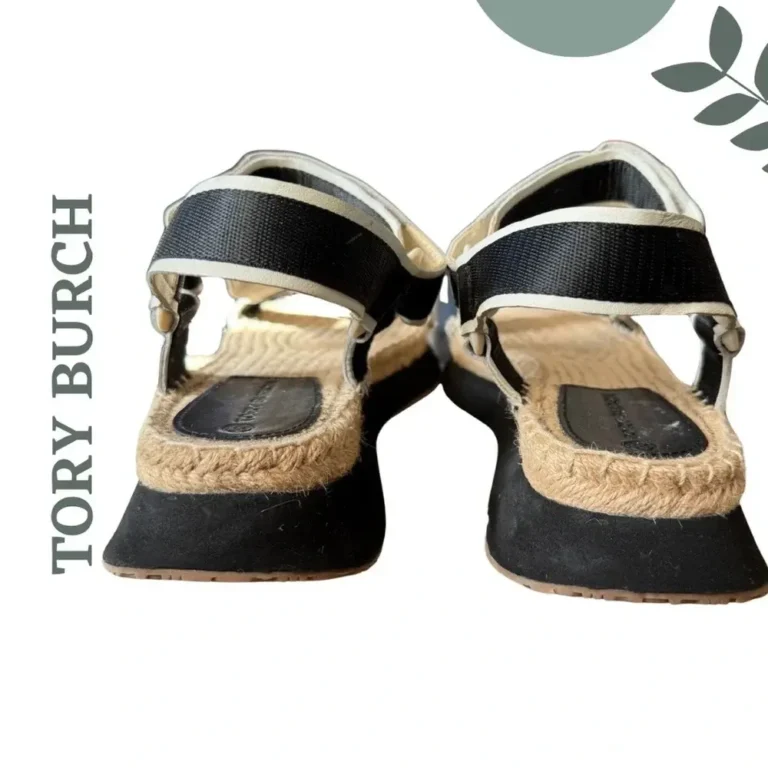 Image for Sandales espadrilles à plateforme Tory Burch noires, blanches et beiges, fermeture velcro, pointure 10