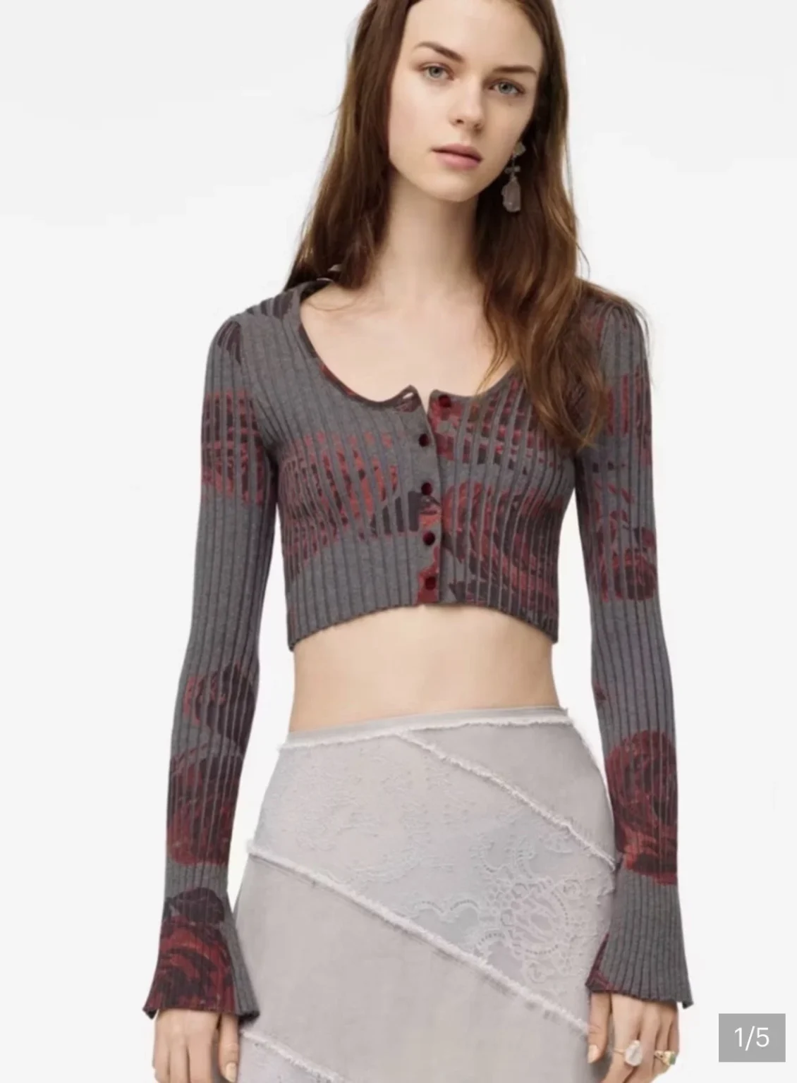 Featured image for Zara (Medium) Cropped Ribbed Button-Front Top in Gray with Red Floral