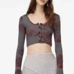 Featured thumbnail for Zara (Medium) Cropped Ribbed Button-Front Top in Gray with Red Floral