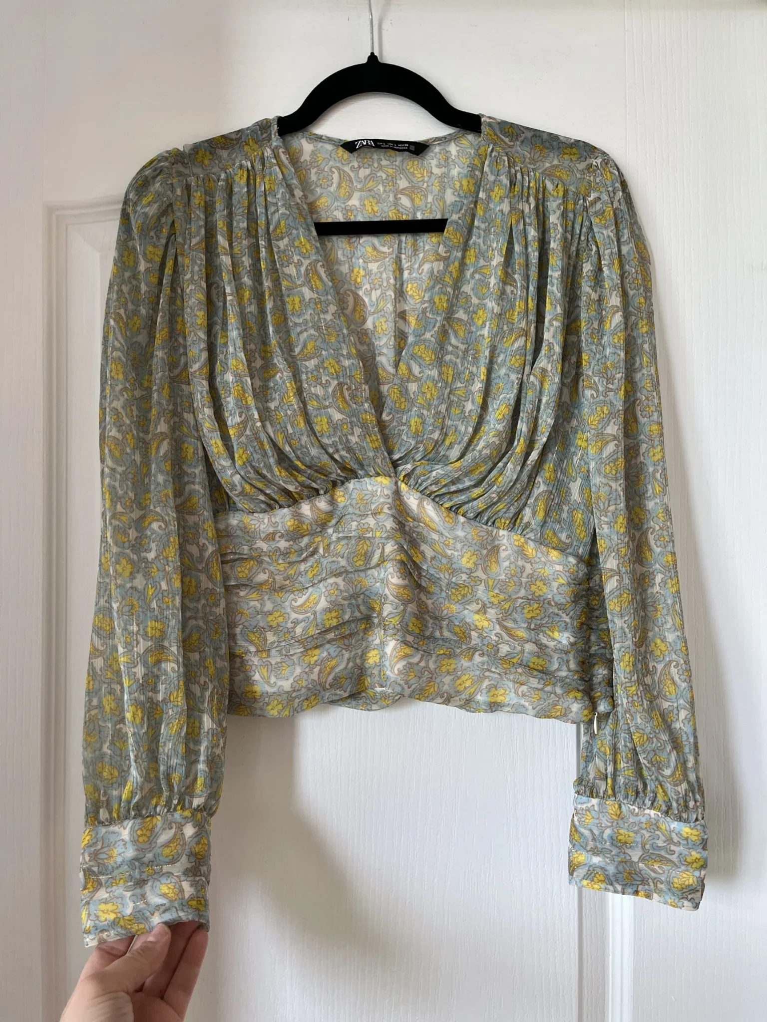 Image for Zara blouse size L floral pattern blue and yellow