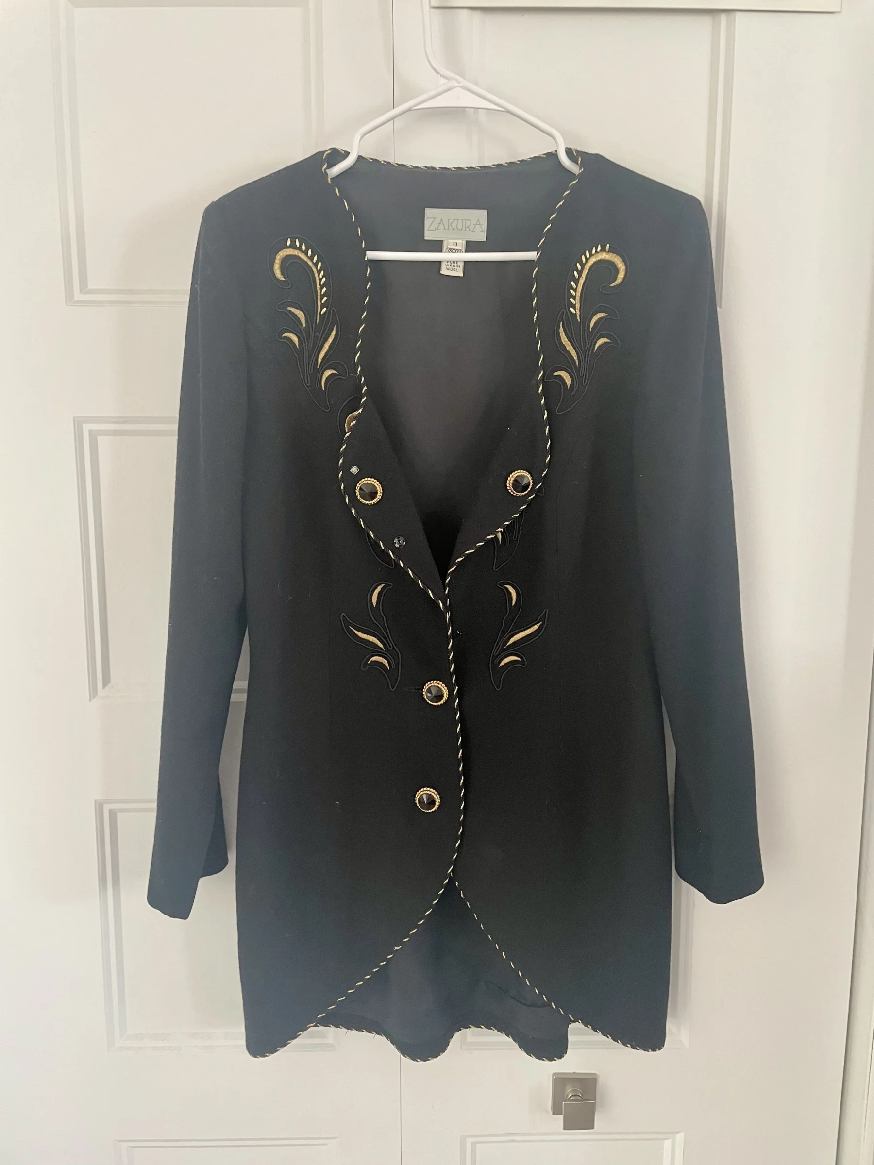 Veste vintage élégante noire et dorée – 100% laine vierge Vintage seconde main