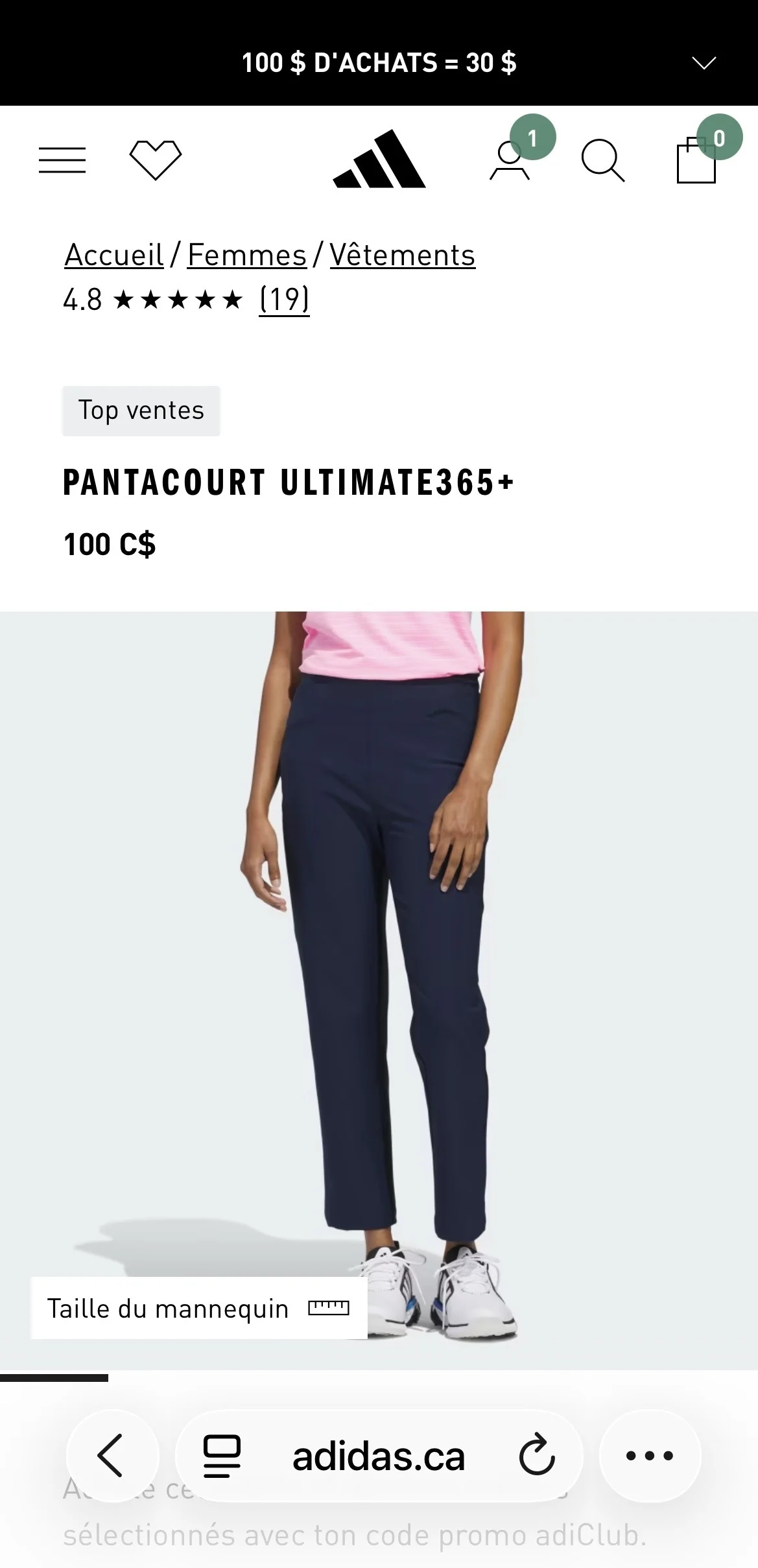 Pantalon sport Adidas 3/4. Noir. Large. Golf ou marche. Confortable. Adidas seconde main