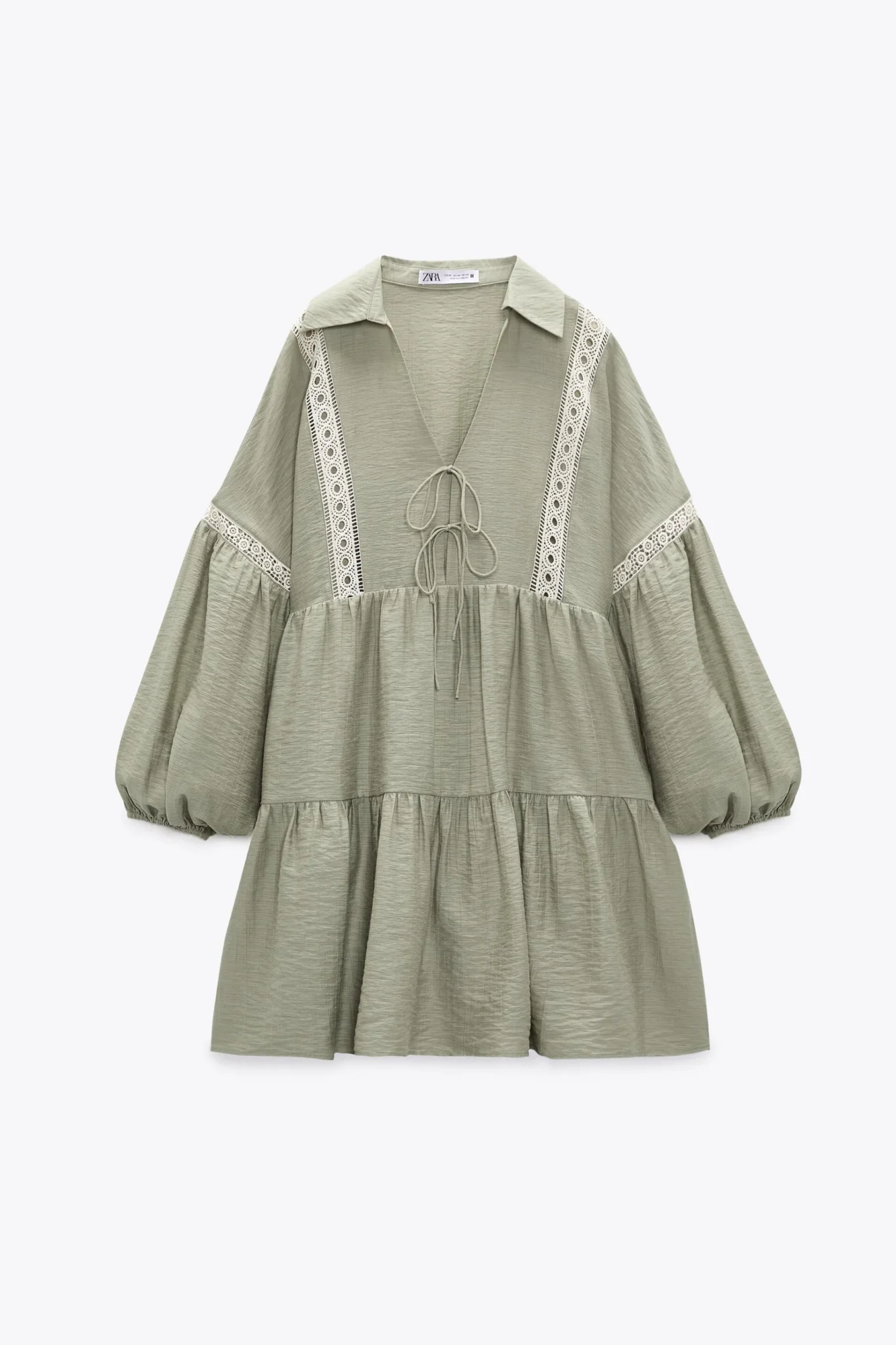 Featured image for Robe Zara kaki taille S manches bouffantes et broderies