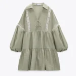 Featured thumbnail for Robe Zara kaki taille S manches bouffantes et broderies