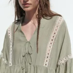 Thumbnail for Robe Zara kaki taille S manches bouffantes et broderies