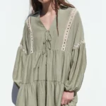 Thumbnail for Robe Zara kaki taille S manches bouffantes et broderies