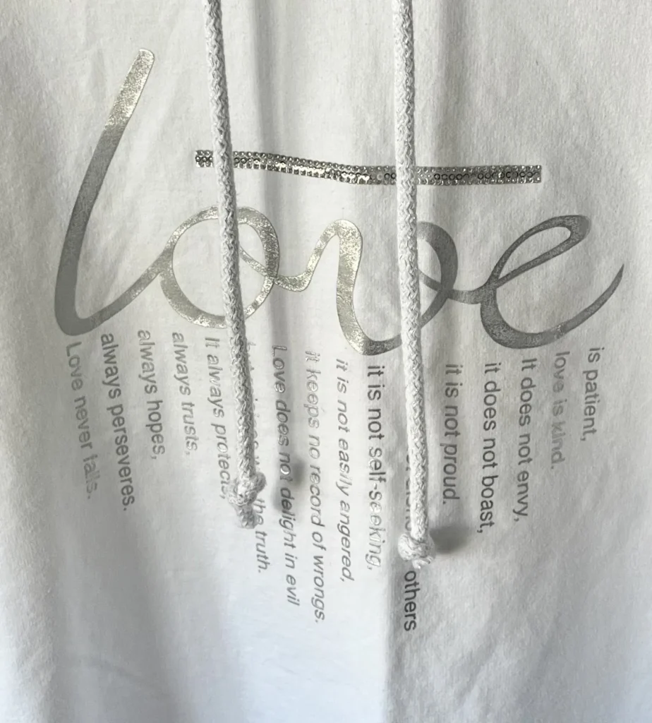 Image for A lovely white hoodie in a large size with an original slogan on the front.