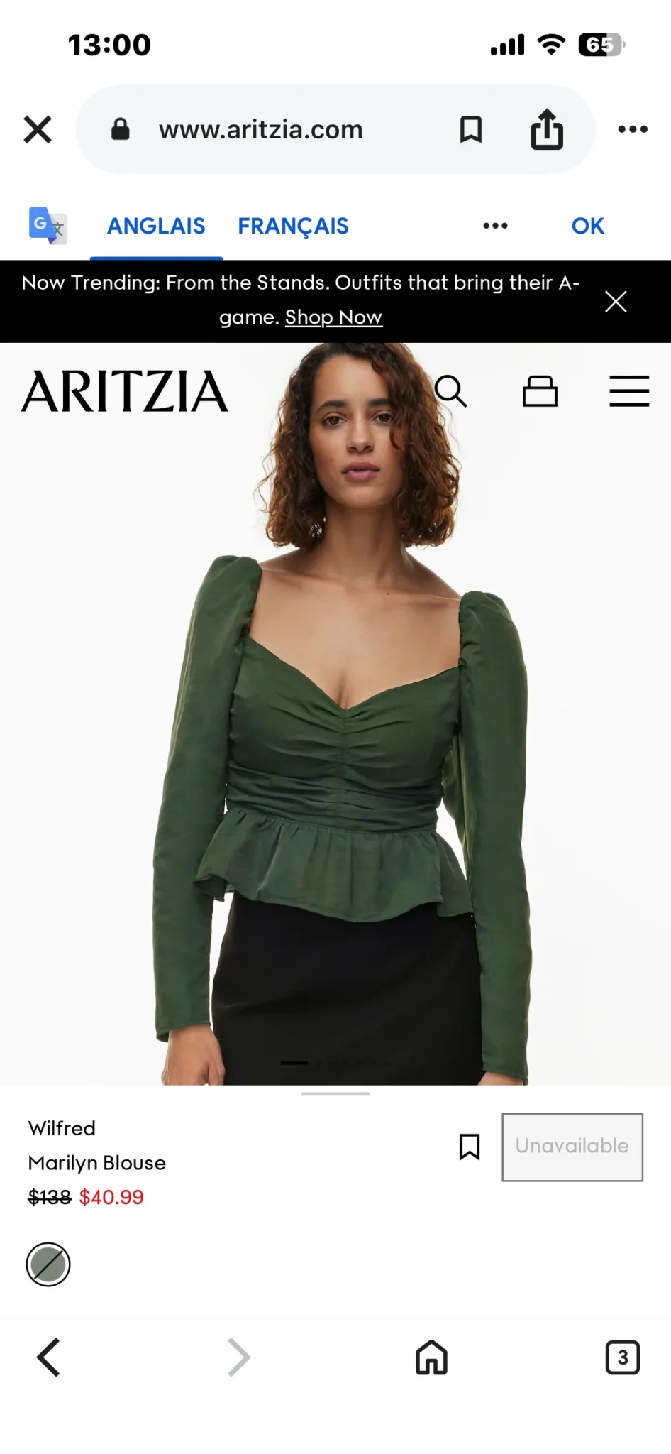 Image for Blouse Wilfred Aritzia modèle Marylin Blouse vert kaki taille M