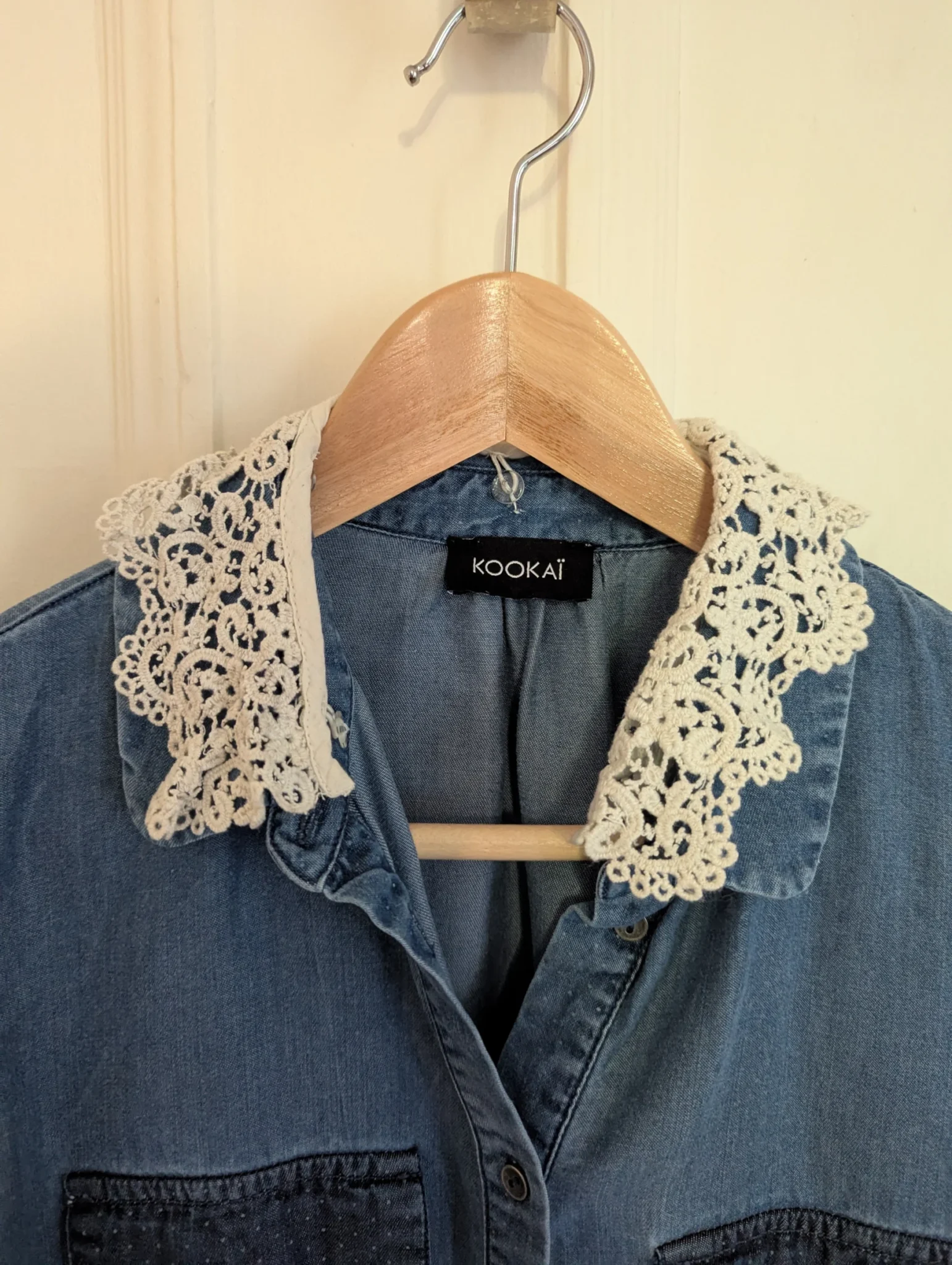 Featured image for Kookaï denim shirt with lace collar, size 34