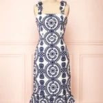 Thumbnail for Gisa | Robe Midi Blanche à Broderies Fleuries Marines