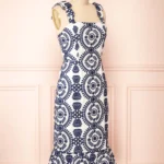Thumbnail for Gisa | Robe Midi Blanche à Broderies Fleuries Marines