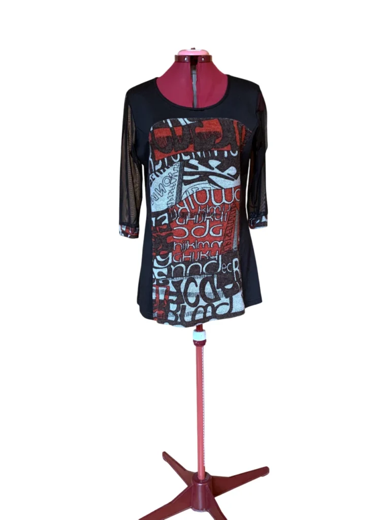 Image for ARDOISE – Haut noir et rouge avec manches 3/4 en maille – Taille L