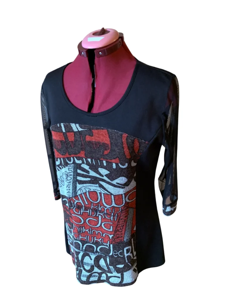 Image for ARDOISE – Haut noir et rouge avec manches 3/4 en maille – Taille L