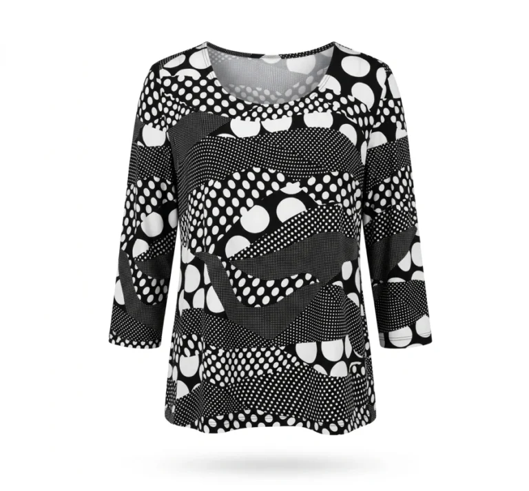 Featured image for Chandail Tunique chic noire et blanche à motif abstrait de pois – Taille L