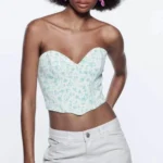Featured thumbnail for Haut Bustier Fleuri Blanc & Bleu Zara Strapeless White & Blue Floral Print Corset Crop Top