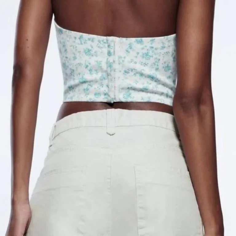 Image for Haut Bustier Fleuri Blanc & Bleu Zara Strapeless White & Blue Floral Print Corset Crop Top