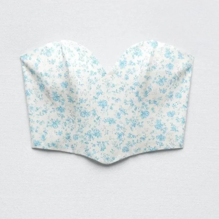 Image for Haut Bustier Fleuri Blanc & Bleu Zara Strapeless White & Blue Floral Print Corset Crop Top