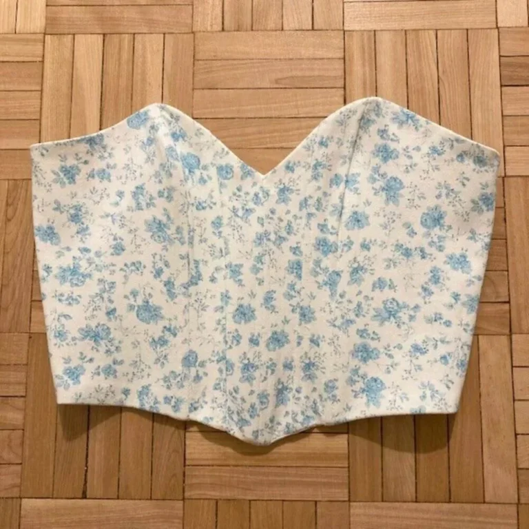 Image for Haut Bustier Fleuri Blanc & Bleu Zara Strapeless White & Blue Floral Print Corset Crop Top