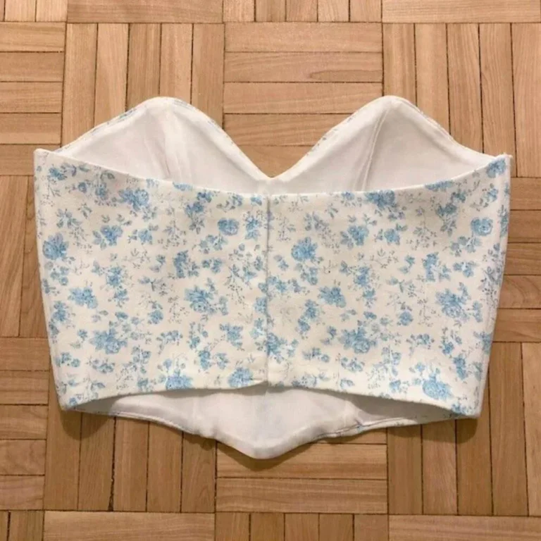 Image for Haut Bustier Fleuri Blanc & Bleu Zara Strapeless White & Blue Floral Print Corset Crop Top